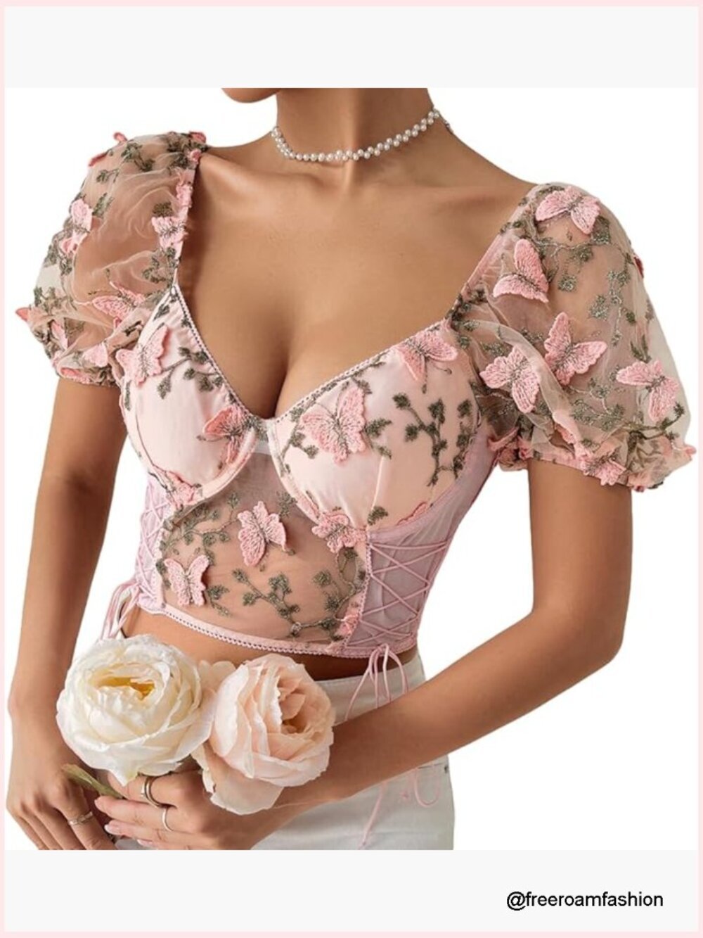 Butterfly Embroidery Corset Crop Top Mesh Puff Sleeve Bustier Lace Up